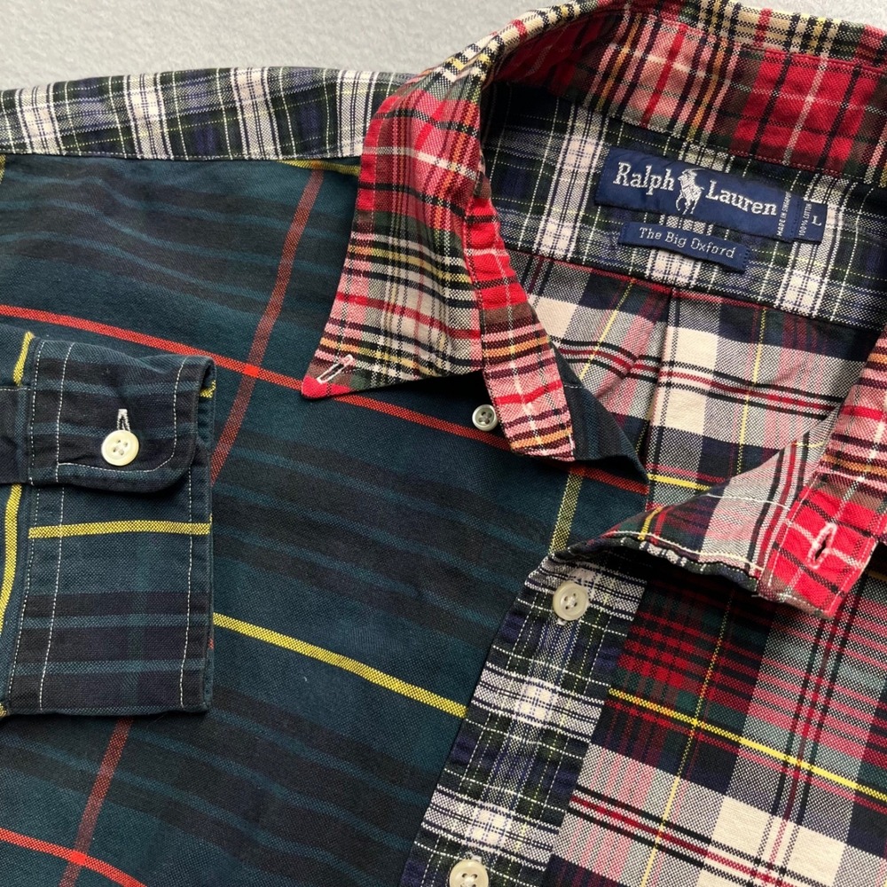 VTG Ralph Lauren The Big Oxford Mens L Mixed Plaid Patchwork Button Down Shirt